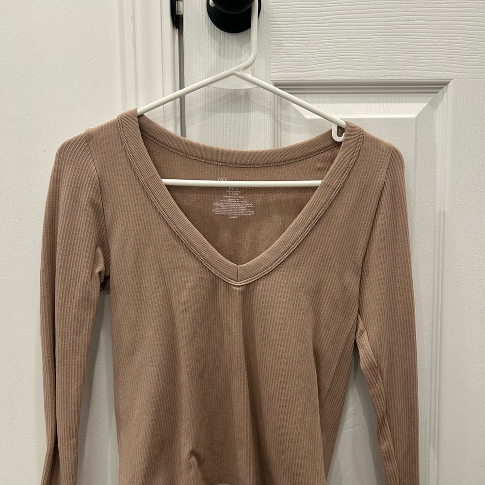 V-Neck Ribbed Long Sleeve Top - Beige